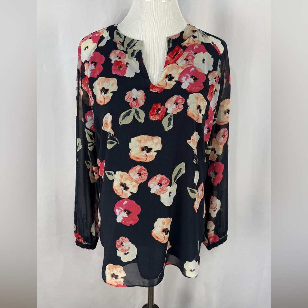 Cabi V-Neck Blouse Long Sleeve Poppy Floral Pullover Women's Size M Medium Top‎